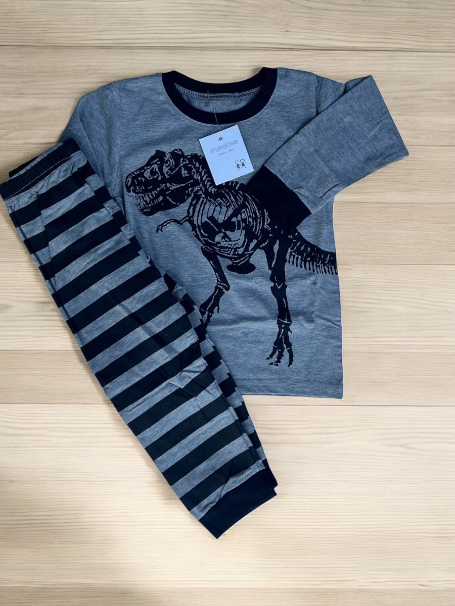 Grey Dinosaur Striped Pants & Long Sleeve 2-Piece Set