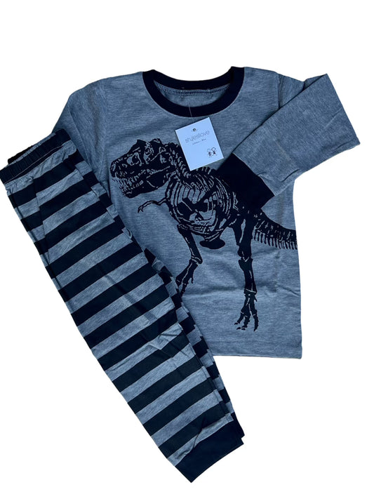 Grey Dinosaur Striped Pants & Long Sleeve 2-Piece Set